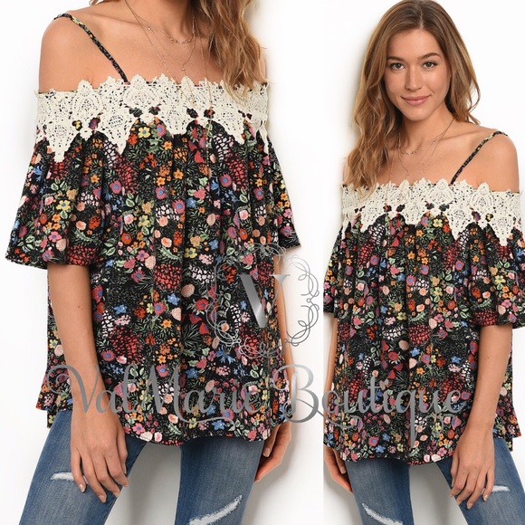 ValMarie Tops - ONLY 2 LEFT Crochet trim floral off shoulder top